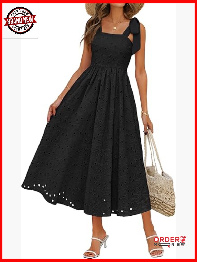 Women's Square Neck Eyelet Lace Midi Sundress Sleeveless Flowy A-Line